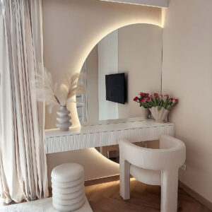 Half circle mirror with lights and floating table